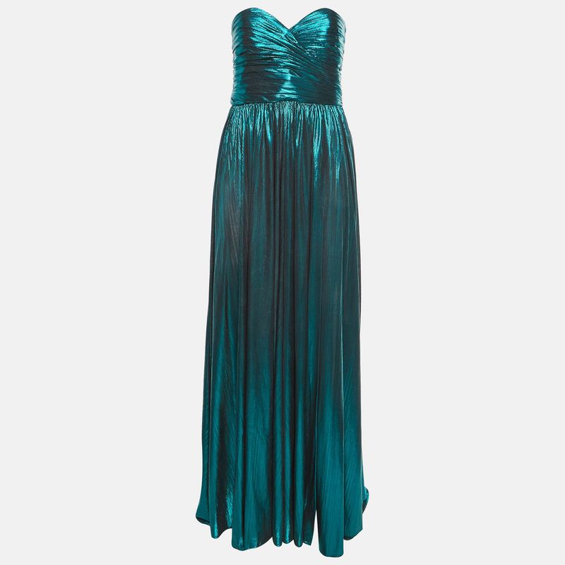 Retrofete Green Pliss&Eacute; Lam&Eacute; Strapless Ezri Maxi Dress M